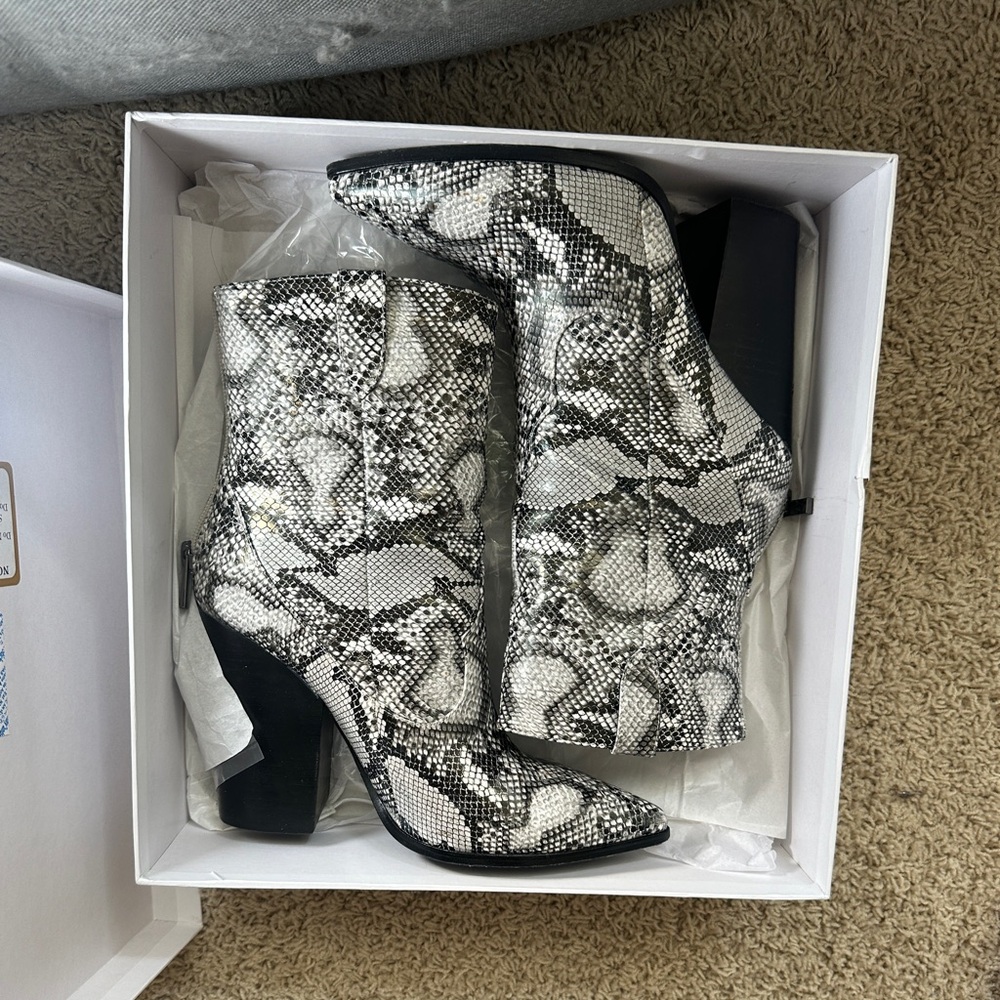 RAYE Black and White Snakeskin Booties